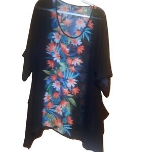 Lands ‘end black floral tropical sheer swim cover up tunic kaftan S 6/8